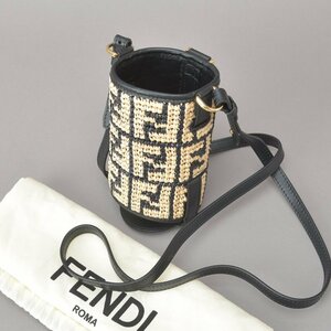 未使用 FENDI フェンディ ズッカ ボトルホルダー ショルダーバッグ ラフィア ストロー レザー ブラック 7AR972 かごバッグ 鞄 ※d.k/c.c