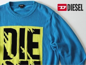 古着★DIESEL ディーゼル★ジャイアントアイコンロゴニット 長袖セーター★サイズL★ブルー青【本物保証】★袖・前身頃汚れ複数個所あり