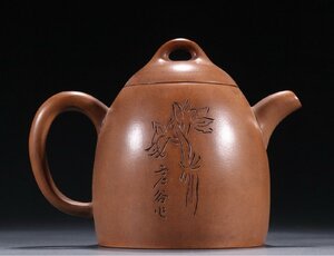 【清】某有名収集家買取品 中国・現代 詩文後手紫砂急須 紫砂壺 園林在銘 極細工 古置物 古擺件 古美術 唐物古董品