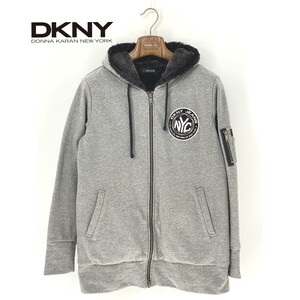 A9772/極美品 春夏 DKNY ダナキャラン コットン 裏ボア 裏起毛 ファー フード パーカー ブルゾン ジャケット FREE 灰色 メンズ レディース