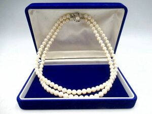 ▲▲中古品 真珠/PEARL/パール2連ネックレス 首周り約42㎝ 約54.3ｇ 約7㎜珠 シルバー留具 箱付き フォーマル 冠婚葬祭 礼服 慶弔 ホワイト