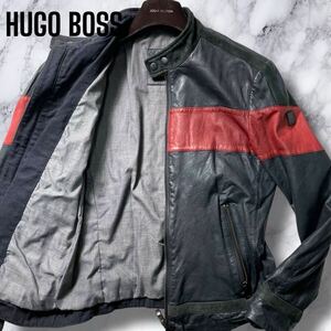 極上本革!!! HUGO BOSS レザージャケット ライダース スエード 切替 ロゴプレート バイカラー シングル ブラック 黒 赤 ヒューゴボス 46 M