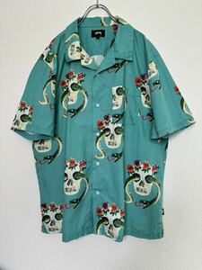 stussy 半袖シャツ アロハシャツ 総柄 オープンカラー 開襟シャツ スカル スネーク XLサイズ