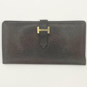 【1円〜】HERMES エルメス ベアンスフレ 長財布 □E刻印 エミューレザー ダークブラウン ゴールド金具