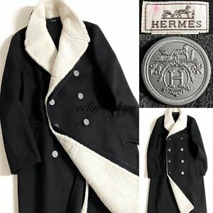 【E3988】最高傑作！HERMES エルメス《毛皮ムートン レザー ファー付》2重襟 ロングシルエット 最高級カシミヤ100% コート 特大 装飾ボタン