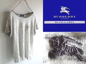 ネコポス対応 BURBERRY BLUE LABEL バーバリーブルーレーベル 肩金ボタン ホースロゴ刺繍 ボーダー リネンニット 38 ホワイト グレー 半袖