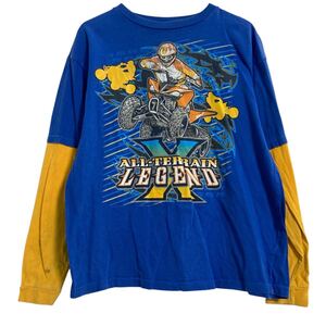 RUDEBOYZ 長袖 プリント Tシャツ キッズ XL ブルー イエロー バイク 重ね着風 ロンT ロングTシャツ 古着卸 アメリカ仕入 a612-7139