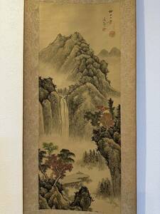 【真作】上島鳳山「秋山水図」 古い掛け軸(掛軸) 肉筆 絹本 日本画 中国画 美術品 中国絵画 絵画 画芯サイズ約71*28cm 箱なし