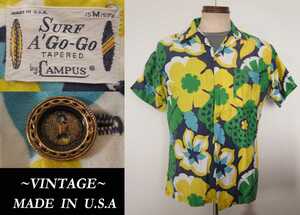 60s 70s ビンテージ CAMPUS 旧タグ SURF a Go Go ハイビスカス 柄 USAアメリカ製 アロハシャツ vintage サンサーフmodel