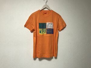 美品本物ヒューゴボスHUGOBOSSコットンメッシュプリント半袖TシャツメンズサーフアメカジビジネススーツモードゴルフドレスオレンジM