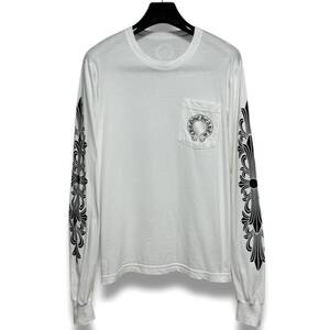 国内正規 CHROME HEARTS クロムハーツ フローラルホースシュー ロングスリーブ 胸ポケット Tシャツ 長袖カットソー ロンT ホワイト Mサイズ