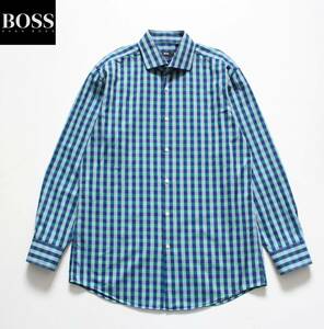 トルコ製【 HUGO BOSS ヒューゴボス 】ブロックチェック 長袖 コットンシャツ 42 16 1/2 スリムフィット 薄手 ホリゾンタルカラー 　