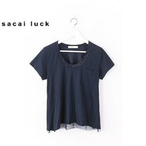 A3446/美品 春夏 sacai luck サカイラック コットン クルーネック デザイン オシャレ 半袖 Tシャツ カットソー 3程 濃紺/レディース