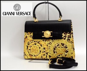 良品 GIANNI VERSACE ジャンニ ヴェルサーチ サンバースト バロッコ レオパード トップハンドル 2WAY ハンドバッグ イエロー ブラック