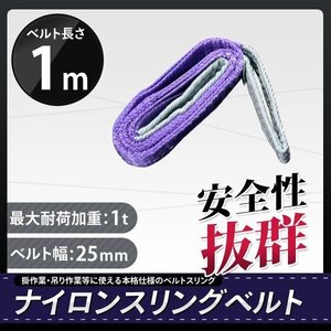 送料無料 荷重1000kg　玉掛け 吊上げ ロープ 牽引 ナイロンスリングベルト（紫色）１Ｔ 1Ｍスリング25MM 【クリックポスト】