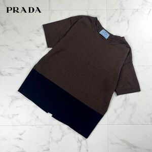 美品 PRADA プラダ ウール シルク バックスリットニットソー 半袖 トップス レディース 黒 ブラック ブラウン サイズ38*NC1083