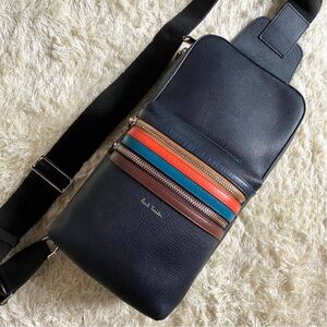 【近年モデル/極美品】Paul Smith ポールスミス ボディバッグ ショルダーバック マルチストライプ レザー ロゴ メンズ ビジネス