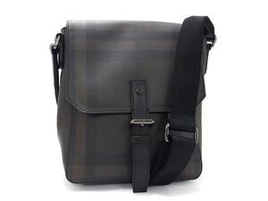 1円 ■美品■ BURBERRY バーバリー ノバチェック PVC×レザー クロスボディ ショルダーバッグ 斜め掛け ダークブラウン系 FF4707