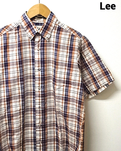 S【Lee S/S CHECK B.D. SHIRT TAIWAN リー 半袖チェックシャツ ホワイト/オレンジ/ネイビー系 古着 オールド】