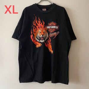 レア 古着 90s Harley Davidson Tiger Fire Flame Tee Black XL ハーレーダビッドソン タイガー フレーム Tシャツ ハーレー Band Rap Movie