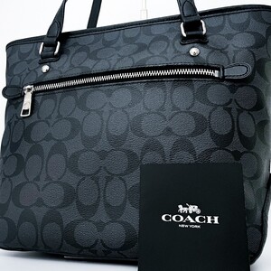 1円■超美品■COACH コーチ 総柄 ロゴ トートバッグ ビジネス A4 肩掛け可 メンズ レディース レザー ブラック 黒