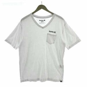 ハーレー Hurley Tシャツ ポケT 胸ポケ Vネック 半袖 ロゴプリント コットン ホワイト 白 ブラック 黒 XL メンズ