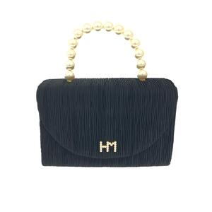 良好◆HANAE MORI ハナエモリ ハンドバッグ◆ ブラック サテン HMロゴ/パールハンドル/プリーツ レディース bag 鞄