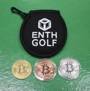 ENTH GOLF ゴルフ マーカー 4点セット ビットコイン デザイン + ボールポーチ カラビナ付