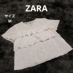 ZARA ティアードブラウス M 白 花柄 半袖 丸首 カジュアル フェミニン