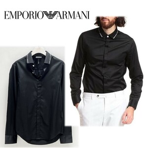 《EMPORIO ARMANI エンポリオアルマーニ》新品 定価34,100円 上質コットン 衿ロゴデザインシャツ ドレスシャツ Sサイズ S0030