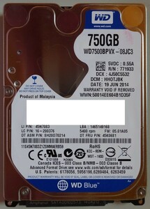 【中古】Western Digital　WD　WD7500BPVX-08JC3T5　2.5インチHDD　750GB　動作確認済み　2024070004