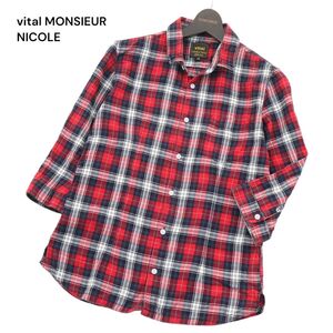 美品★ vital MONSIEUR NICOLE ムッシュ ニコル 春夏 7分袖 チェック シャツ Sz.48　メンズ　A4T02129_3#A