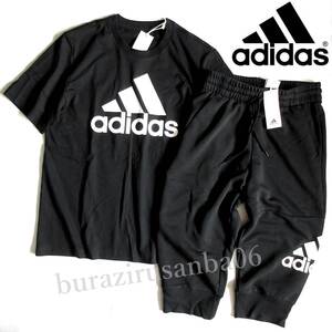 メンズ L◆未使用 adidas アディダス ビッグロゴ Tシャツ スウェット 七分丈パンツ 上下セット セットアップ 黒 ブラック 