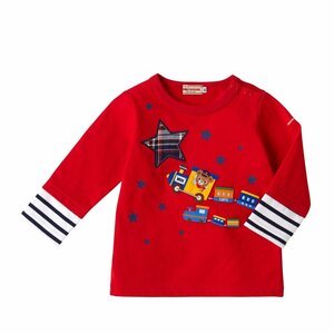 日本製/新品★ミキハウス MIKIHOUSE 汽車ポッポ プッチー長袖Ｔシャツ インナーにボーダーＴシャツを重ね着したようなデザインがオシャレ赤