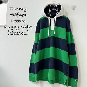 Tommy Hilfiger/トミーヒルフィガー★ラガーシャツ★パーカー★グリーン/緑×ネイビー/紺×白★XL