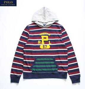 未使用【 POLO Ralph Lauren ポロ ラルフローレン 】鹿の子コットン PRL 67 フロッキープリント ボーダー パーカー ボーイズXL/18-20 薄手