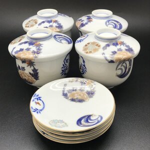 ★深川製磁 染錦花丸紋 蒸碗揃 茶碗蒸し碗 受け皿付 4客 セット