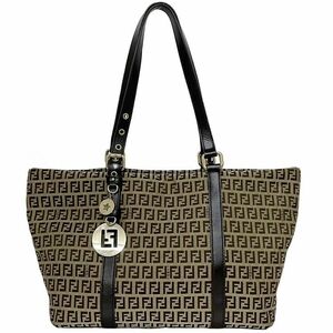 フェンディ トートバッグ ベージュ ブラウン ズッキーノ 8BH215 美品 FF キャンバス レザー 中古 FENDI