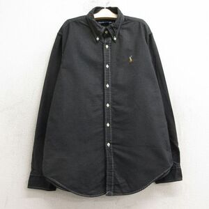 古着 ラルフローレン 長袖 ブランド シャツ キッズ ボーイズ 子供服 90s ワンポイントロゴ オックスフォード コットン ボタンダウン 濃グレ