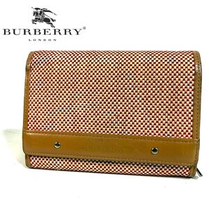 Burberry バーバリー キャンバス レザー 2つ折 財布 コンパクトウォレット レッド キャメル ブラウン シルバー金具