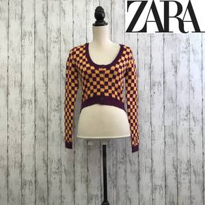 ZARA　ザラ　チェックニットカーディガン　Sサイズ　パープル×オレンジ　S5.1-56　USED