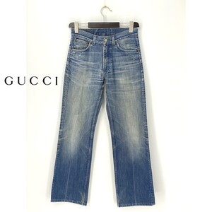 A9837/訳あり 春夏 GUCCI グッチ コットン 髭 スレ加工 テーパード ストレート ワーク ジーンズ デニムパンツ 46 M程 インディゴ青 メンズ