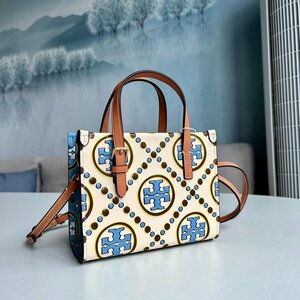 新品Tory Burch トリーバーチ MINI T モノグラムミニ トートバッグ 2WAY ショルダーバッグ エンボス加工 アウトレット品 ベージュ