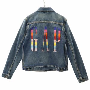 ギャップ ロゴ刺繍 デニムジャケット M ブルー×レッド GAP ジージャン レディース