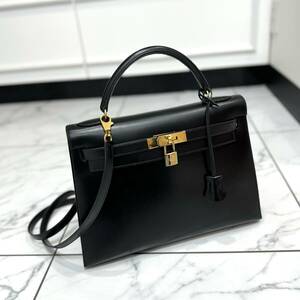 12045 HERMES エルメス ケリー32 外縫い ボックスカーフ ブラック