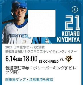 6月14日（金）エスコンフィールド北海道 Ｆビレッジ隣 ポリーパーキング 普通車用 駐車券