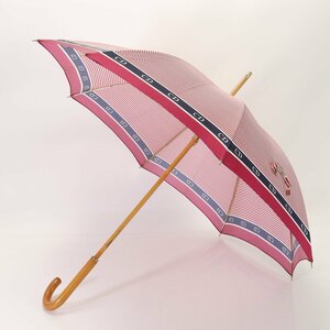 1円■クリスチャンディオール■CD ロゴ ピンク ネイビー ボーダー ストライプ 雨傘 長傘 傘 梅雨 木製 アンブレラ レディース HHE AF5-9