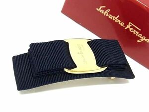 1円 ■極美品■ Salvatore Ferragamo フェラガモ ヴァラリボン キャンバス バレッタ ヘアアクセサリー レディース ネイビー系 BI2650