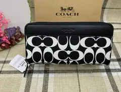 COACH 財布 コーチ 長財布 ブラック×ホワイト シグネチャー メンズ レディース 人気  新作 アコーディオン ファッション 贈り物 ギフト ロング ジップ ゴールデンウィーク 新品 未使用 CP231 338C