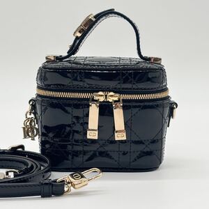 極美品 クリスチャンディオール Christian Dior ミニ バニティ 2way ハンドバッグ エナメル パテント ブラック カナージュ ラインストーン